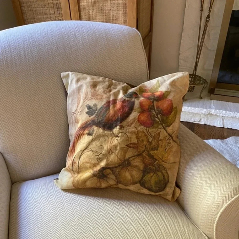 Pottery Barn Fall Pumpkin Pheasant Print Pillow Cover - Picture 4 of 6